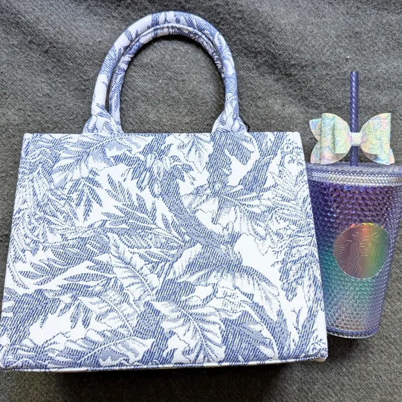 Blue and white embroidered small tote bag BNWT
